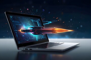 laptop with globe, Futuristic laptop screen launching sleek rocket