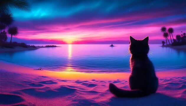 a black cat sits on the sea at beautiful sunset