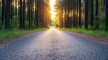 Obraz premium Sunlight filtering through pine trees onto a quiet forest road, tranquil and scenic