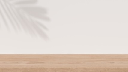 Empty space wooden table top on white wall background. Mockup scene display for products presentation. 3d rendering