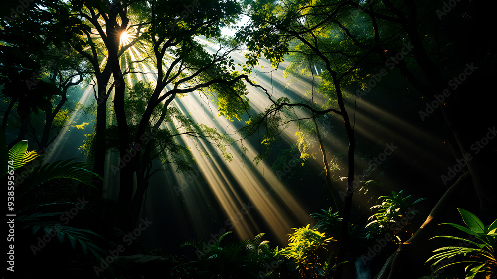 Poster a lush green forest with rays of sunlight filtering through the trees