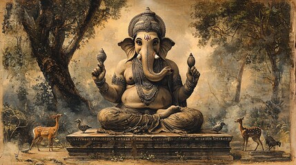 Ganesha in a peaceful forest setting, seated under a large banyan tree, with wildlife such as birds and deer gathering around him.