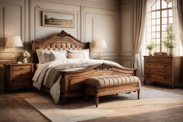 Antique bedside table near wooden bed. Farmhouse, country, modern bedroom interior design provence
