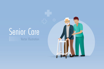 Rehabilitation, physiotherapy and elderly health caregiver. Physiotherapist assist senior man walking on orthopedic walker to recovery from orthopedic or trauma injury problem. 