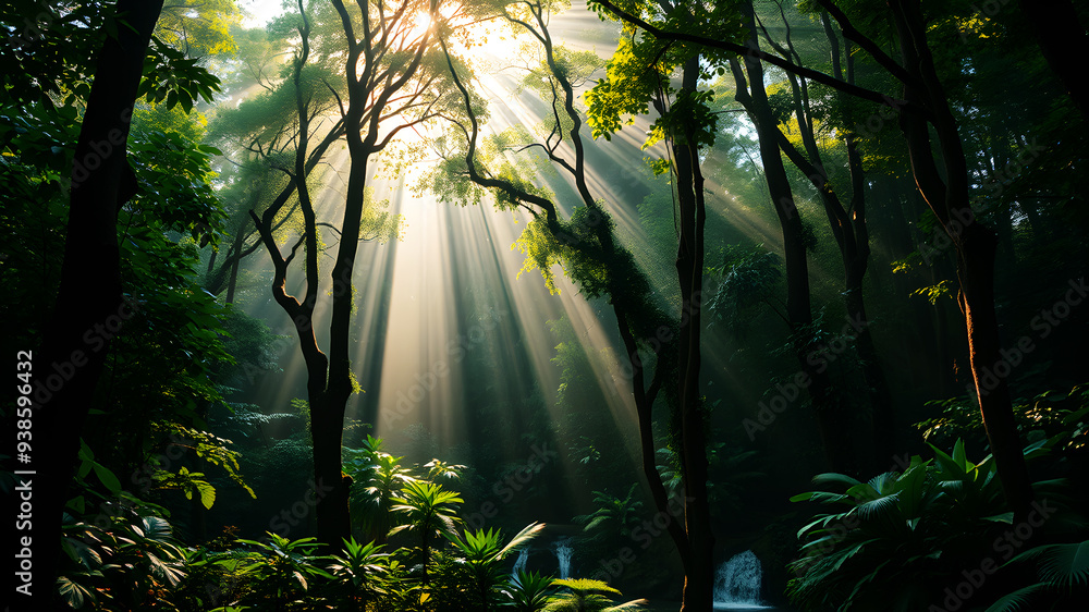 Poster a lush green forest with rays of sunlight filtering through the trees