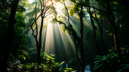 Obraz premium A lush green forest with rays of sunlight filtering through the trees