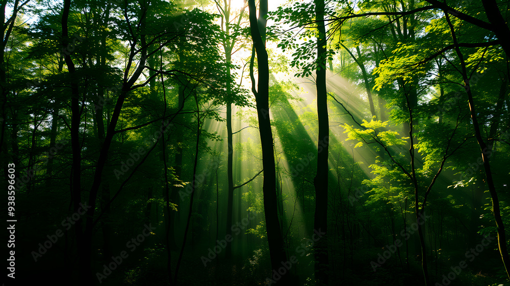 Poster a lush green forest with rays of sunlight filtering through the trees