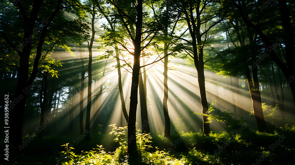 Poster a lush green forest with rays of sunlight filtering through the trees