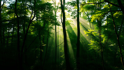 Fototapeta premium A lush green forest with rays of sunlight filtering through the trees