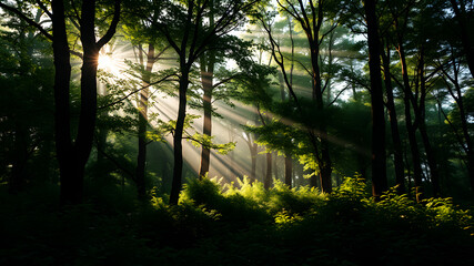 Fototapeta premium A lush green forest with rays of sunlight filtering through the trees