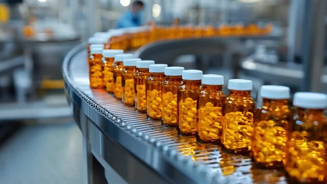 A conveyor belt is filled with orange pills in white bottles. The pills are being manufactured in a factory