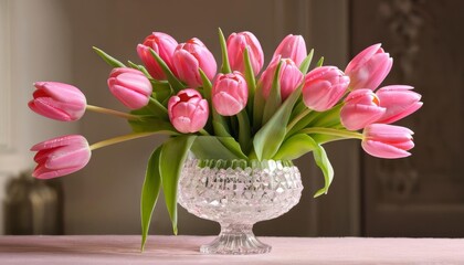 Obraz premium Elegant bouquet of pink tulips in a crystal vase
