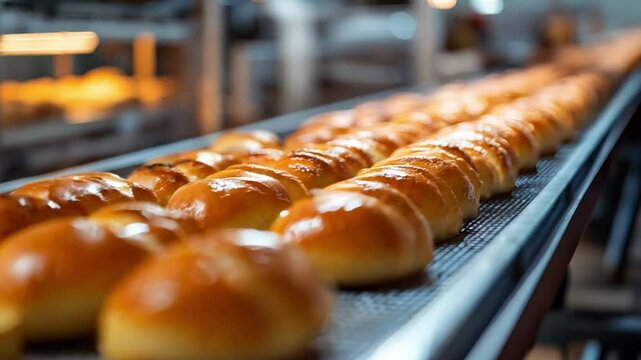 A conveyor belt of freshly baked bread. The bread is golden brown and has a slightly crispy texture. The conveyor belt is moving the bread from one station to the next, where it will be packaged