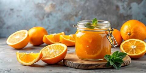 Glass jar of homemade orange jam with sliced oranges on the side , orange, jam, homemade, glass jar, citrus, fruit