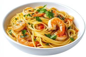 Pasta spaghetti shrimp lemon coriander in white bowl isolated on white background close up, top view, food concept. Generative ai