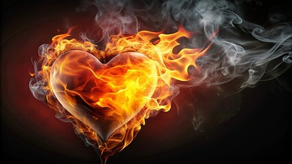 render of a heart on fire with flames and smoke swirling around it, heart, fire, flames, smoke, burning, passion, heat, love