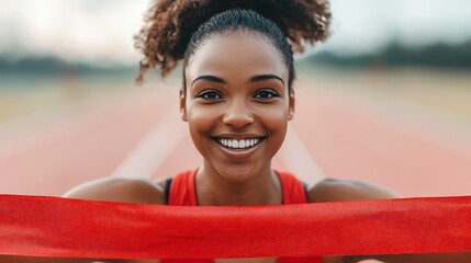 Female sprinter breaking the finish line tape, crowd erupting in cheers, symbolizing speed, victory, and athletic dominance