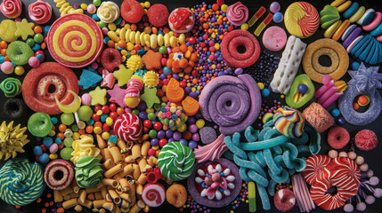 A tempting array of vividly colored candies and sweets, perfect for a playful and sweet treat.