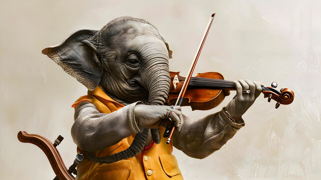A remarkable and whimsical digital depicting an elephant playing the violin with exceptional virtuosity and musical talent  The gray elephant with its signature trunk and large ears