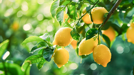 Lush lemon tree with bright golden ripe fruits hanging from its branches in a warm sunlit garden setting  The green leaves and yellow lemons create a vibrant juicy contrast against the natural
