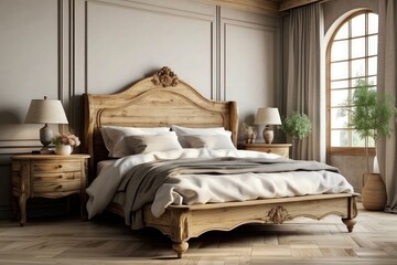 Antique bedside table near wooden bed. Farmhouse, country, modern bedroom interior design provence