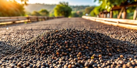 Obraz premium Pile of black peppercorns drying in the sun on a farm , black, peppercorns, drying, sun, farm, agriculture, harvest, spice
