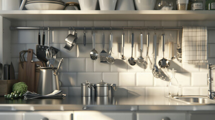 A tidy kitchen with gleaming countertops and neatly arranged utensils, perfect for a clean cooking environment.