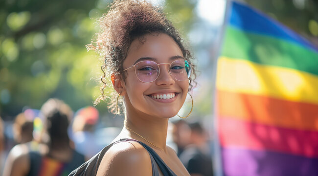 Mulheres jovens sorrindo com bandeira do orgulho LGBTQIA+ em marcha ao ar livre durante o dia, capturadas em close-up, com fundo desfocado, criadas por IA generativa
