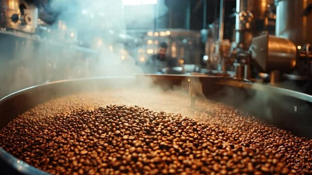 A large bowl of coffee beans is sitting in a factory. The beans are brown and appear to be freshly roasted. Concept of warmth and comfort, as coffee is often associated with relaxation and socializing