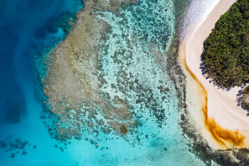 Aerial view of red algae bloom - Red Tide - on coral reef on record hot day in the south Pacific -...