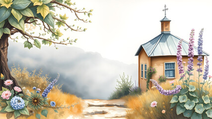 Full page vintage watercolor elegant heather flower beautiful There is a small house