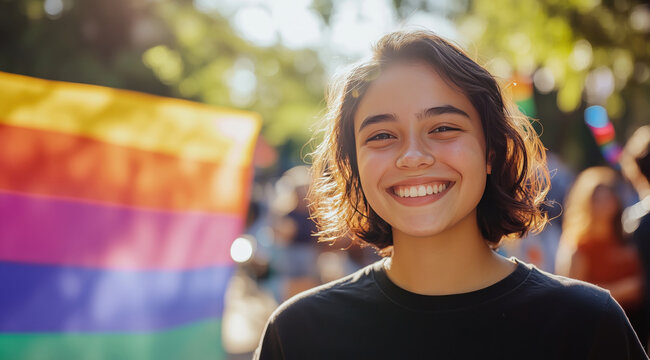 Mulheres jovens sorrindo com bandeira do orgulho LGBTQIA+ em marcha ao ar livre durante o dia, capturadas em close-up, com fundo desfocado, criadas por IA generativa
