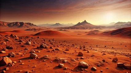 Foto op Canvas Barren red landscape with rocky terrain and distant mountains on the planet Mars, Mars, landscape, red planet, rocky © A.Rod