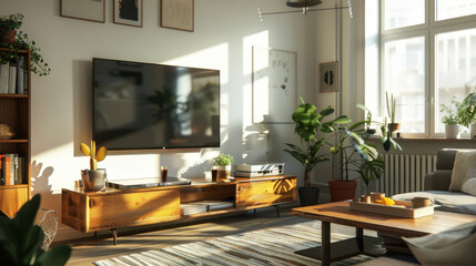 A tidy living room with a large flat-screen TV, neatly arranged furniture, and beautiful natural light.