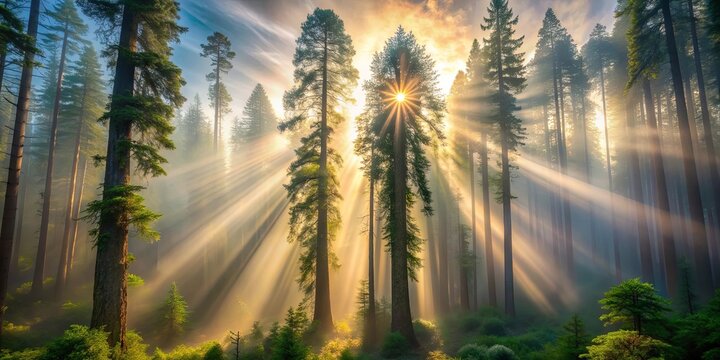 Ethereal rendering of misty redwood forest at dawn with beams of light breaking through fog , misty, redwood, forest
