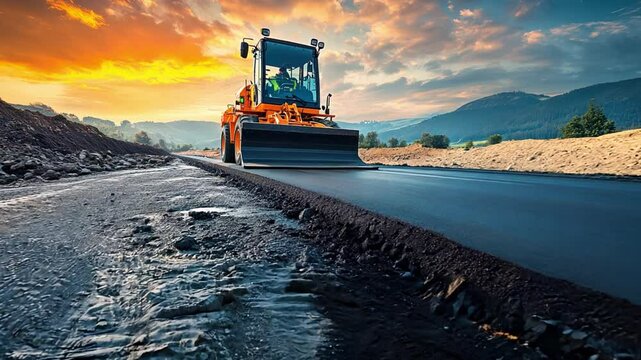 A large orange construction vehicle is driving down a road. The sky is orange and the sun is setting