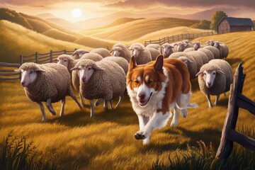 Obraz premium Herding Dog with Sheep at Sunset