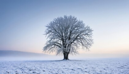 Fototapeta premium Snowy solitude A lone tree stands in a winter wonderland