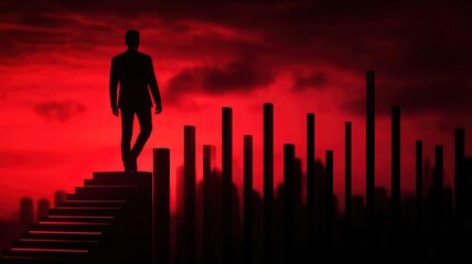 Silhouette of a man standing on steps amidst a dramatic red sky, symbolizing ambition and the pursuit of goals.