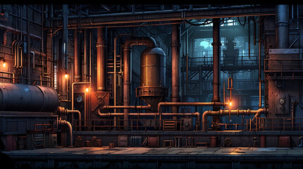 A dark, industrial factory setting with metal pipes, gears, and steam, suitable for a steampunk-themed platformer game background.