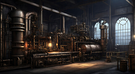Fototapeta premium A dark, industrial factory setting with metal pipes, gears, and steam, suitable for a steampunk-themed platformer game background.
