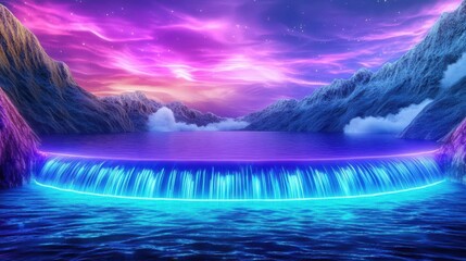 A serene crystal lake with flowing water, glowing under a holographic sky, futuristic style, neon colors, digital art