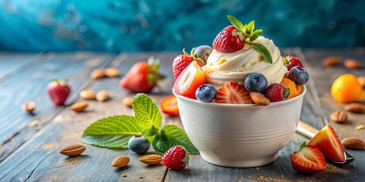 Delicious Italian dessert, a cup of creamy gelato topped with fresh fruits and nuts, coppetta, gelato, dessert, Italian, ice cream