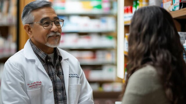 A man in a white lab coat is talking to a woman in a pharmacy. The man is wearing a name tag that says "Dr. The scene is casual and friendly