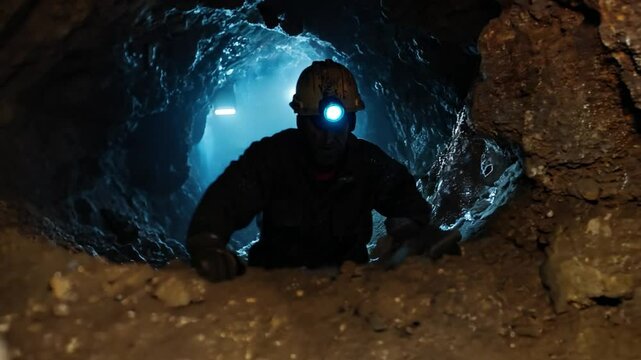 A man in a yellow helmet is in a dark cave. He is wearing a black jacket and is looking down