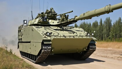  Military might on the move  A tank patrols a forested area