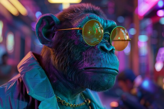 Cyberpunk ape wearing a neon suit, negotiating with alien traders, 3D render ,  created by ai
