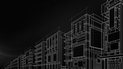 Black modern background with grey waves and white building frames 