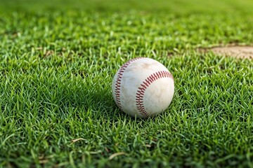A close-up of a baseball lying on freshly cut grass in a field, perfect for sports and recreation themes.