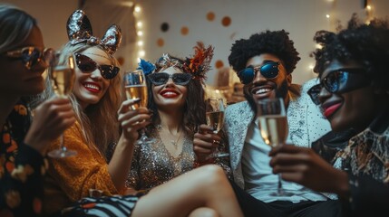 Adult party for Halloween. Group of happy and joyful creative friends having fun clinking glasses of champagne at Halloween party. Multiracial people in various masquerade costumes sit on sofa in room